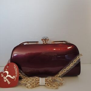 Riviera Burgundy Patent Evening Clutch with Gold Chain